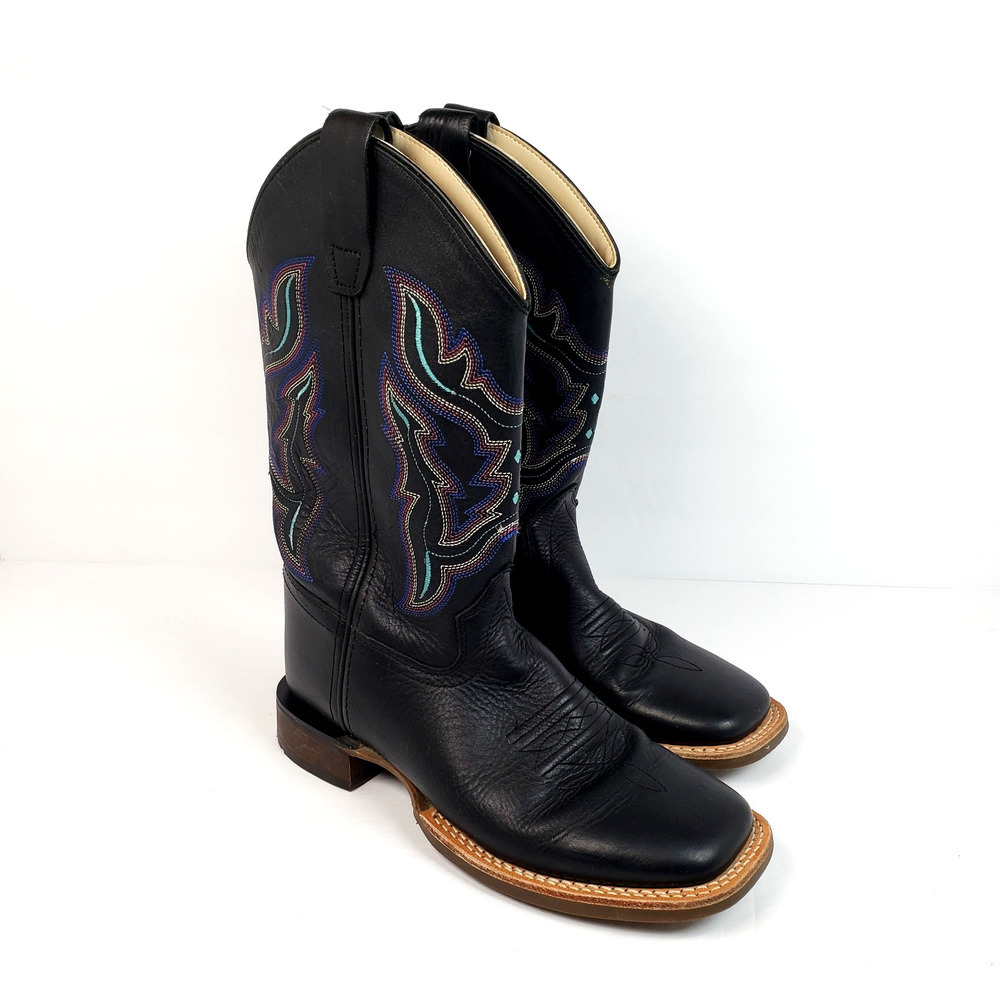 Old West Youth Girls Size 4.5Y Black Leather Square Toe Western Cowboy Boots